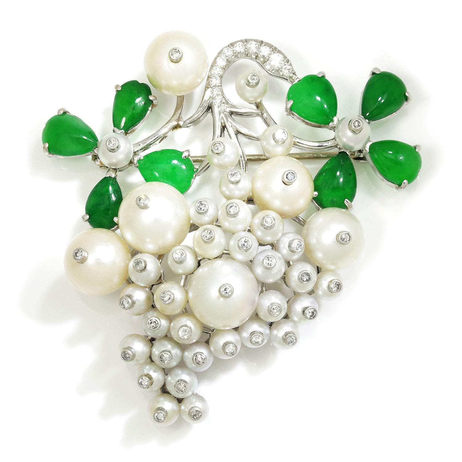 Vintage Floral Pearl Brooch Pin with Diamonds and Jade in Platinum